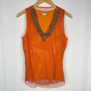 Karen Millen Y2K Orange Fishnet Tank with Beaded Embellishments